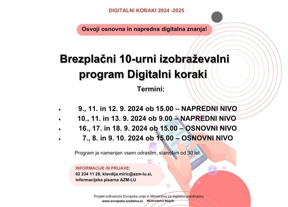 Brezplačna 10-urna izobraževanja za odrasle DIGITALNI KORAKI – jesenski termini